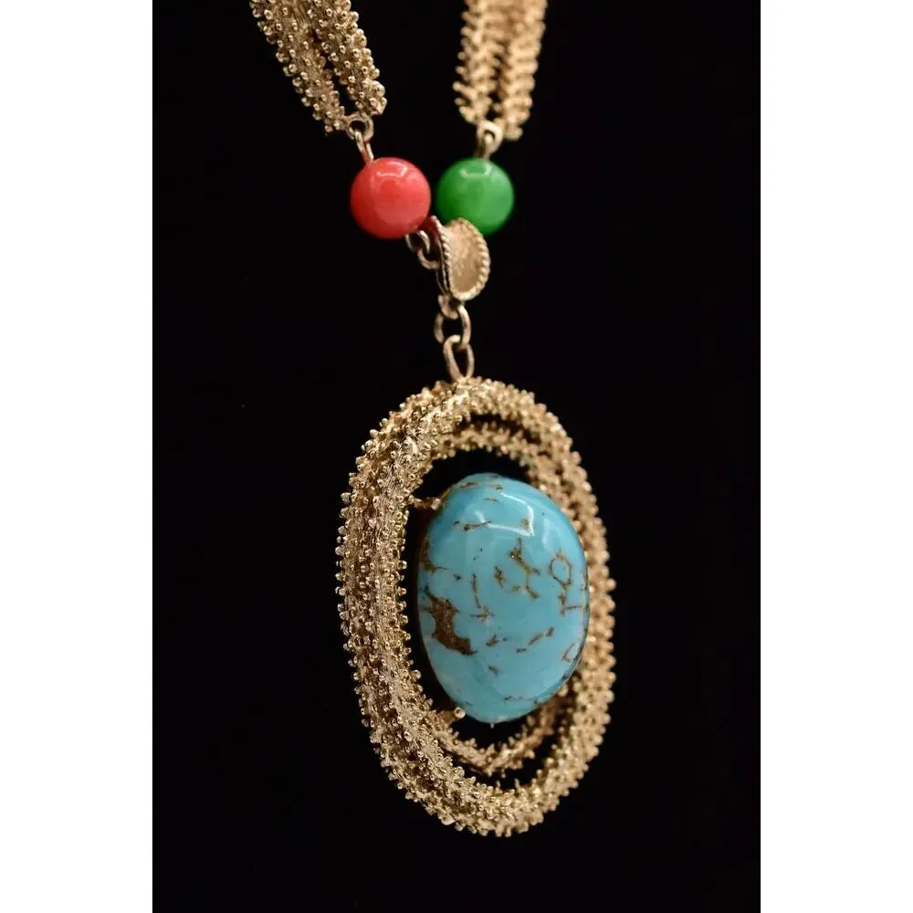 Vintage Cabochon Pendant Necklace Beaded Multi-Color Brushed Gold 1970s BinBM